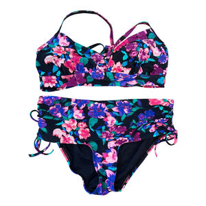 Time And Tru Two Piece Floral Criss Cross Back High Waisted Swimsuit 1X